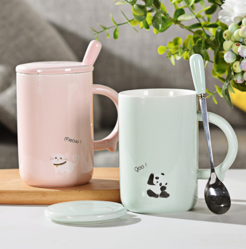 Cartoon Animal Ceramic Cup Large Capacity Creative Couple Mug with Cover Spoon Handle Milk Coffee Cup Customization