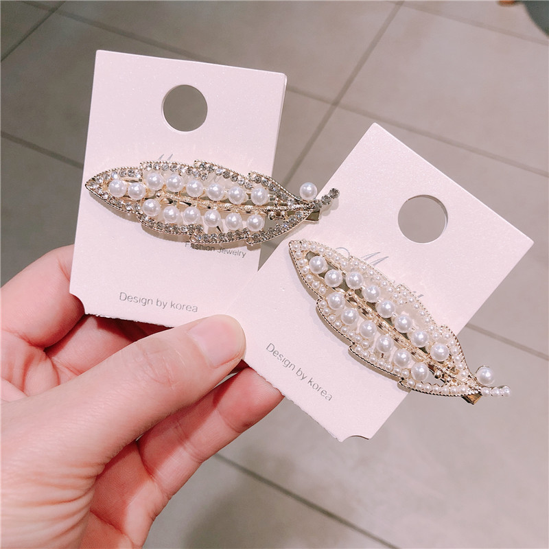 Simple Chanel Style Net Red Pearl Leaf Barrettes Female Brid...