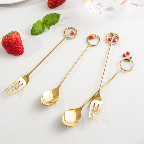 Creative 304 Stainless Steel Spoon Fork Pendant Cherry Spoon Strawberry Coffee Spoon Dessert Spoon Fruit Fork Wedding Gift