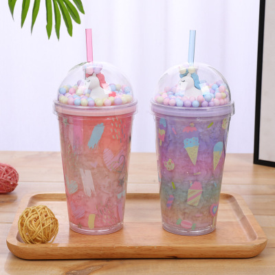 Plastic Sippy Cup Unicorn Ice Cup Ins Internet Celebrity Gift Cup Custom Logo Double-Layer Cup Stock