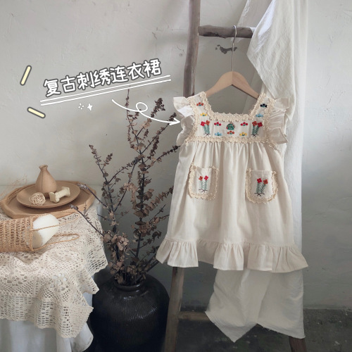 Girls Dress 2021 Korean Summer New Retro Embroidered Vest Dress Little Girl Flying Sleeve Children‘s Clothing Foreign Trade 