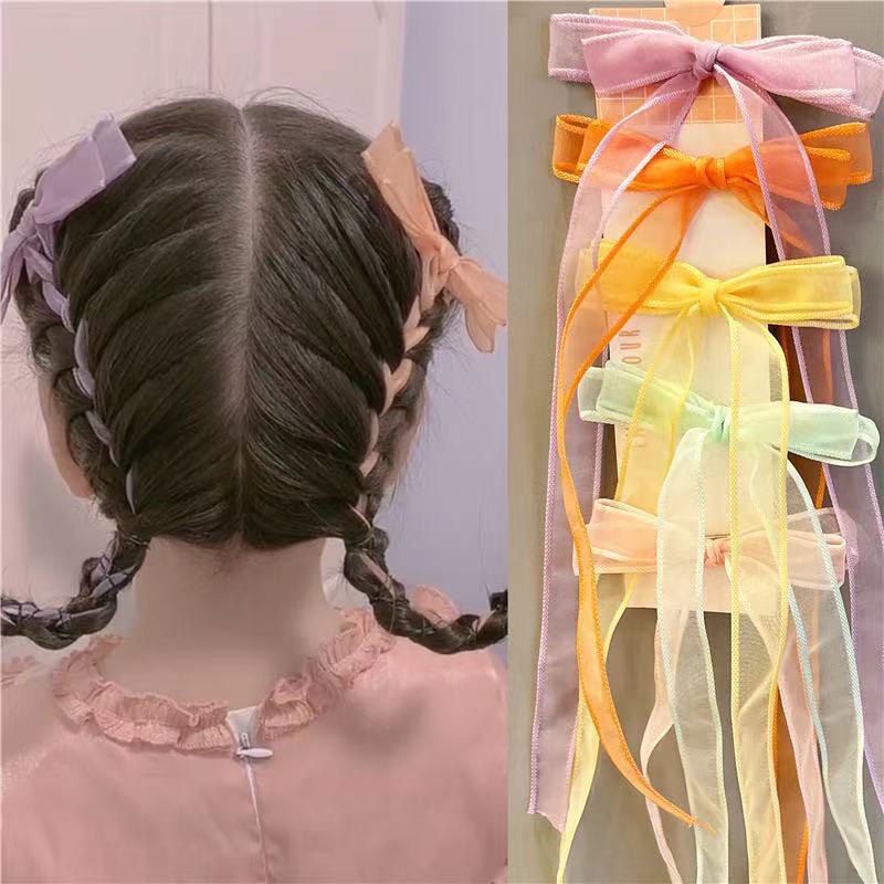 Children's Net Red Bow Long Ribbon Barrettes Girls' Braided ...