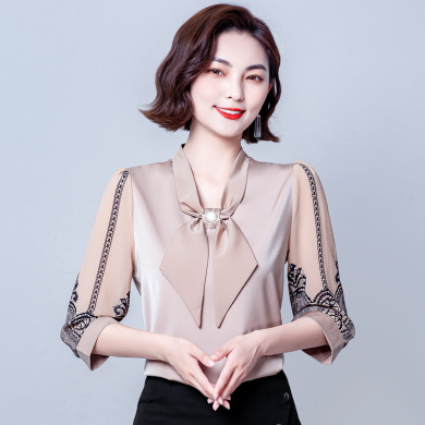 中袖雪纺衫女装2021新款夏季洋气时尚衬衫女士遮肚子上衣女式小衫