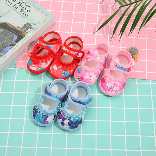Factory Velcro Spring and Autumn Cute Baby Shoes Peach Heart Lace Soft Bottom Non-Slip Baby Shoes Toddler Shoes
