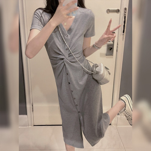 first love small casual t-shirt dress women‘s summer design vintage v-neck waist slimming temperament split dress