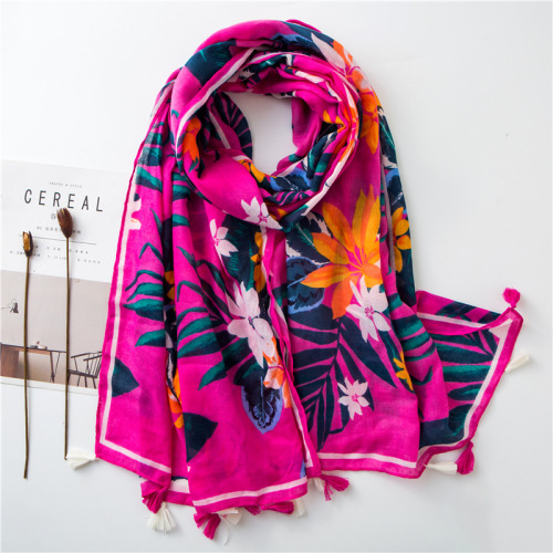 Foreign Trade Cotton and Linen Scarf Warm Rose Red Color Tropical Plant Color Tassel beach Towel for Seaside Holiday Women