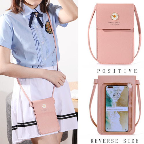 factory direct sales women‘s korean-style crossbody pu leather touch screen mobile phone wallet women‘s retro student buckle small wallet