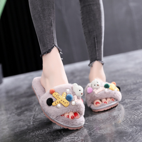 One Piece Dropshipping Korean Style Cotton Slippers Women‘s Plush Home Slippers Word Fluffy Slippers Fall and Winter Outer Wear Slippers Customization