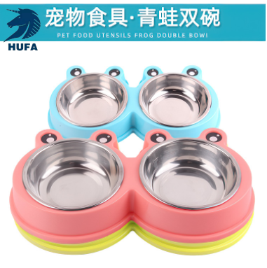 宠物碗塑料卡通青蛙双碗宠物不锈钢碗宠物喂食器猫碗狗盆宠物用品