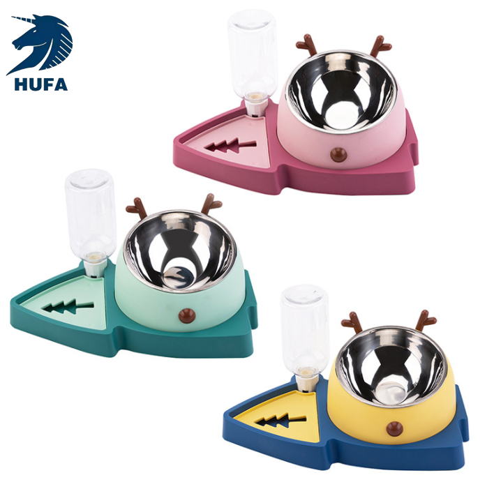 狗盆狗碗饮水器三合一圣诞树猫碗猫盆双耳不锈钢仙鹿迷踪宠物碗
