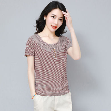 新款夏季韩版短袖条纹t恤女半袖显瘦修身百搭体恤衫女装上衣女装
