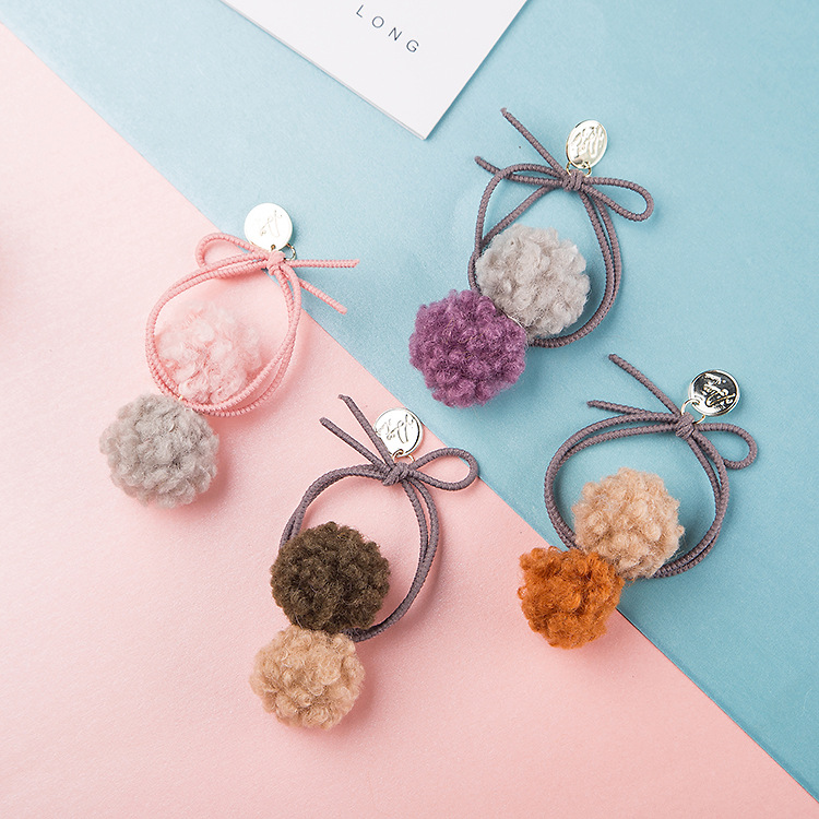Japanese and Korean Rubber Headband Head Rope Lamb Color-Blocking Bow Hair Ball Hair Band Children&#