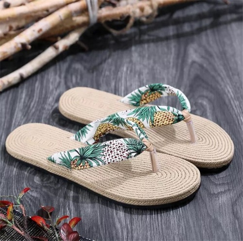 2021 Summer Silk Linen Outdoor Women‘s Slippers Floral Print Beach Travel Women Flip Flops
