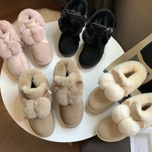 winter new real rabbit fur ball snow boots women‘s fashion flat thick warm non-slip short boots high-top cotton shoes