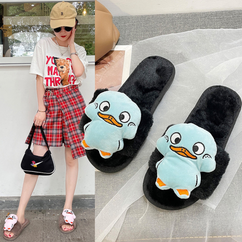Cartoon Cute Duck Duck Cotton Slippers Female 2021 Autumn New Flat for Outdoors Plush Fluffy Fur Slippers