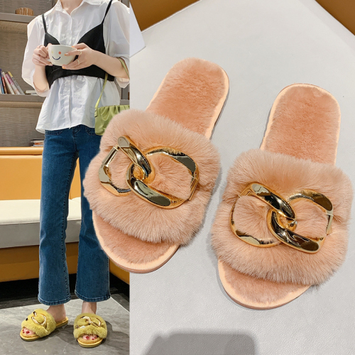 2022 new metal chain open toe half slippers women‘s outer wear thick-soled loafers round toe flat plush shoes