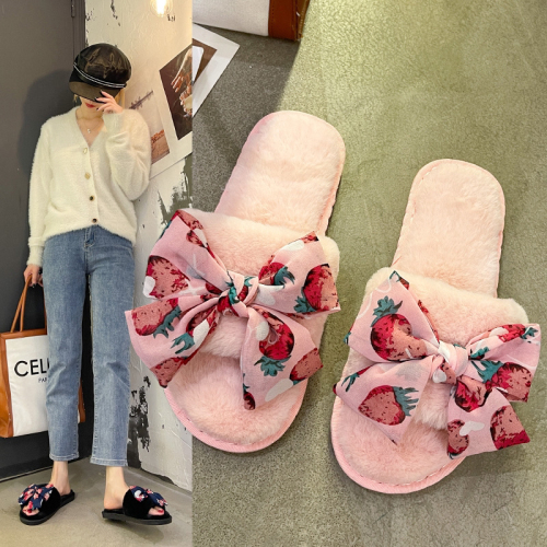cute bow fairy style fashion small floral cotton slippers women‘s indoor home open toe flat plush slippers women