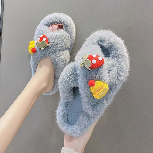 internet Celebrity Furry Four Seasons Spring and Summer Women‘s Autumn and Winter Wear Flat Bottom One-Word Home Cotton Slippers Lazy Shoes Cross Cartoon New 