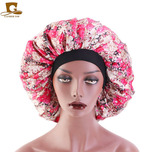 Extra Large Satin Printed Nightcap Wide-Brimmed Stretch round Cap Artificial Silk Chemotherapy Cap Cross-Border High Quality Supply