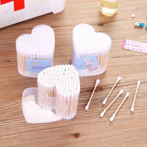 Heart-Shaped Bucket Transparent Boxed Double-Headed 80 Cotton Swab Stick Ear Picking Sponge Stick Beauty Makeup Remover Cleaning Cotton