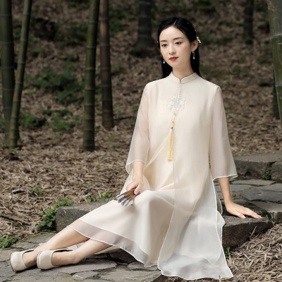 Enron Improved Cheongsam Embroidered Dress Chiffon Ethnic Style Tea Clothing Women's Clothing Chinese Style Zen Clothes Retro L6606