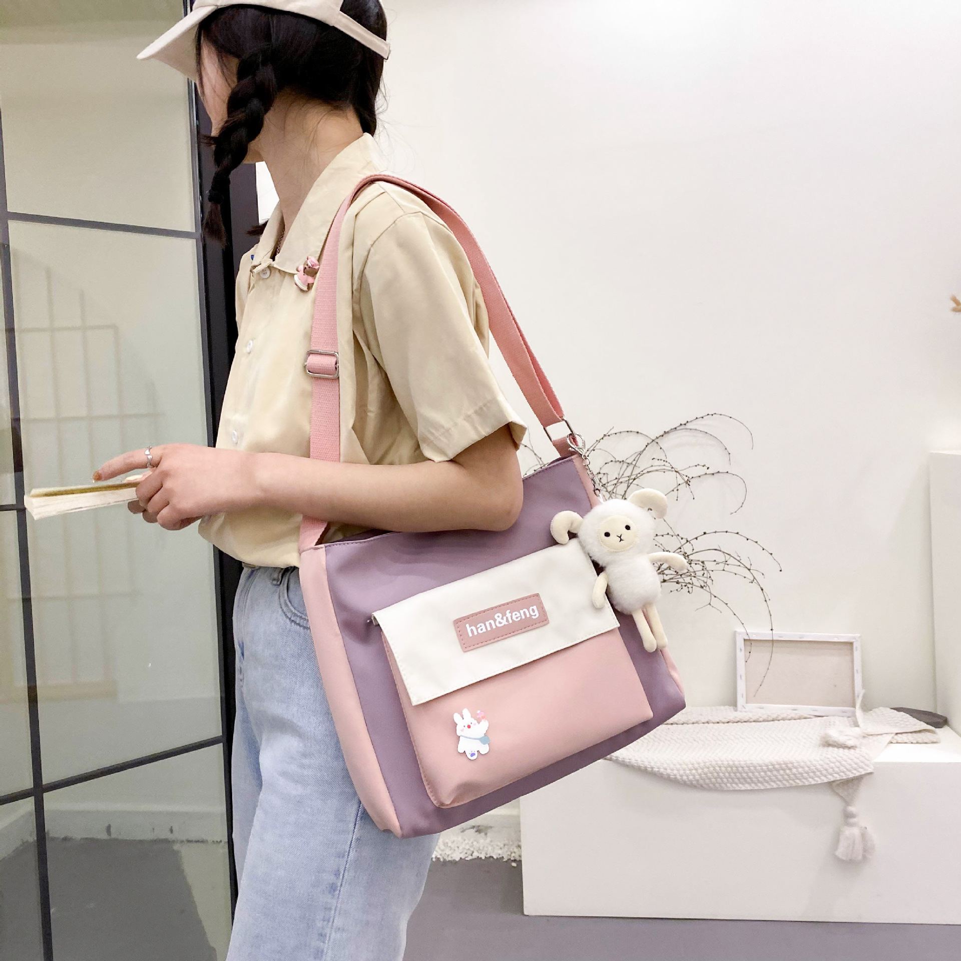 New Cute Fashion Canvas Bag Fresh Sweet Large Capacity Contrast Color Shoulder Bag Korean College St