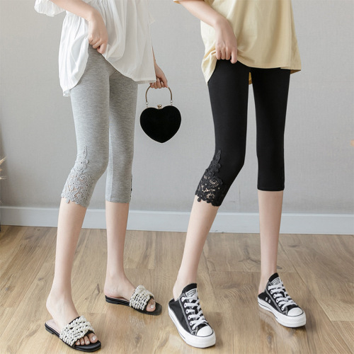 summer new women‘s lace modal cropped stretch pants outer wear thin large size lace leggings