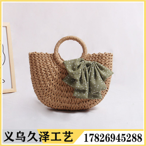 ins woven bag beach bag fairy bow fresh portable seaside vacation straw bag