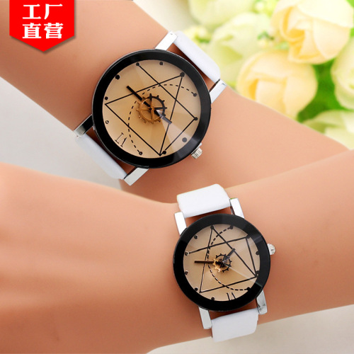 hot style pointed glass gear belt watch fashion couple watch men‘s light leather creative watch wholesale