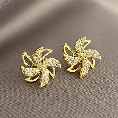Rotatable Windmill Ear Studs 2021 New Trendy Women's Summer Korean Style Fashion and Fully-Jewelled Gold Plated Eardrops Earrings Wholesale
