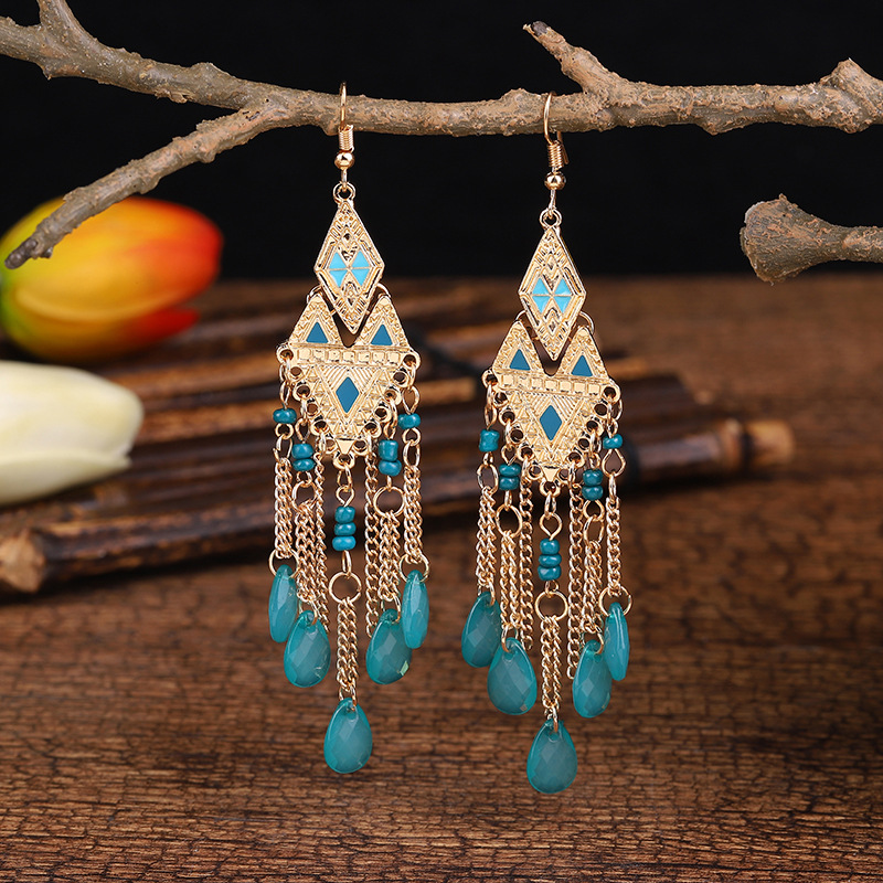 Creative New Diamond Long Patchwork Bead Earrings Ethnic Style Chain Water-Drop Eardrops Yiwu Access