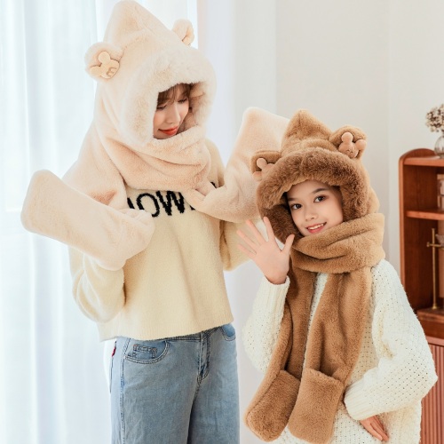 New Three-in-One Mother-Daughter Parent-Child Hat Scarf Gloves with Fur Collar Mickey Imitation Rabbit Fur Warm and Comfortable