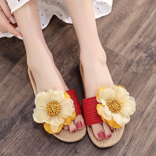 Direct Sales Summer New Non-Slip Home Shoes Spot Soft Bottom Indoor Sandals Flower Breathable Casual Linen Slippers Women