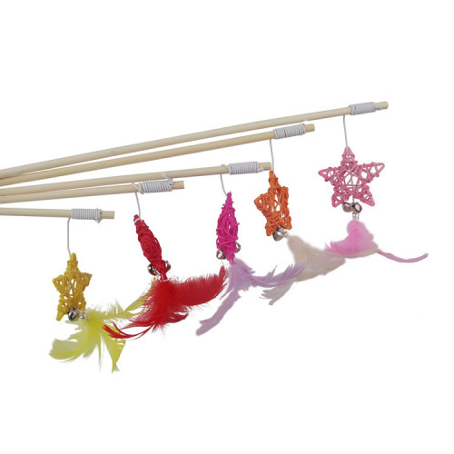 New Funny Cat Stick Rattan Five-Pointed Star Bell Feather Cat Interactive Toy Self-Bite Factory Direct Sales 