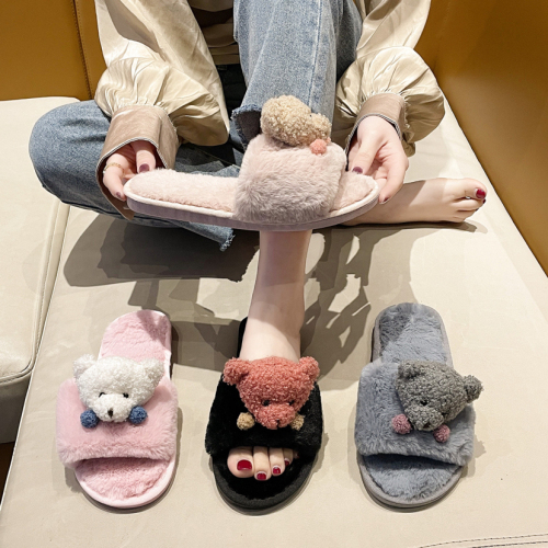 2021 fall new arrival girlish style cartoon cute dog fur slippers female open toe flat indoor leisure flip flops female