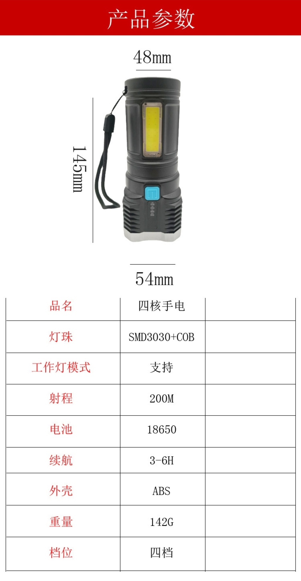 跨境2021新款四头强光手电USB充电便携式手电筒带COB侧灯聚光远射详情6