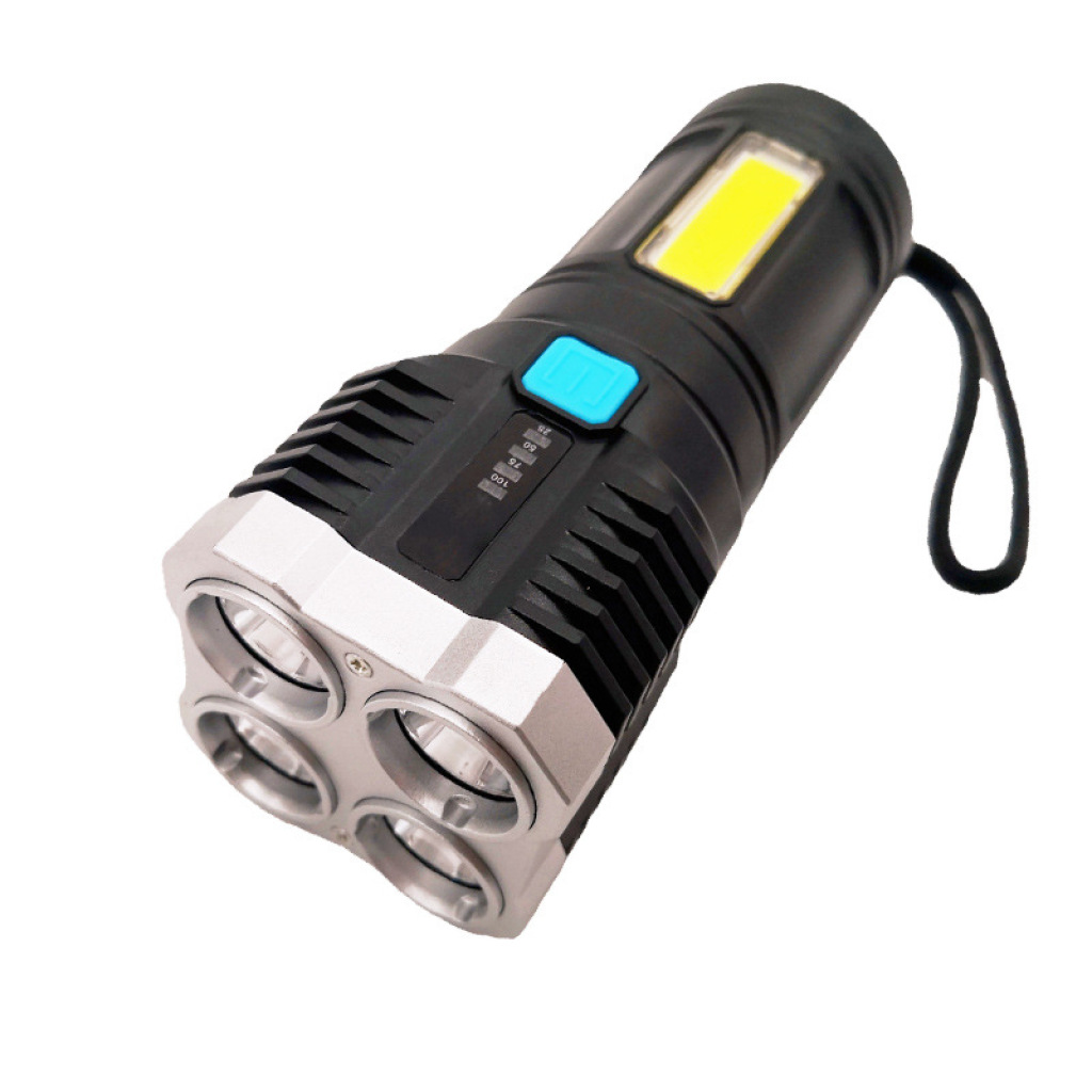跨境2021新款四头强光手电USB充电便携式手电筒带COB侧灯聚光远射详情3