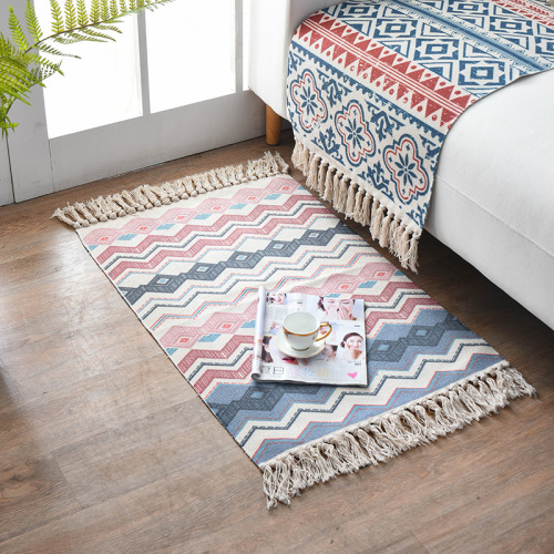 Fabric Cotton Braided Floor Mat Tassel Knotted Printed Mat Non-Slip Foot Mat Modern Minimalist Bedside Carpet