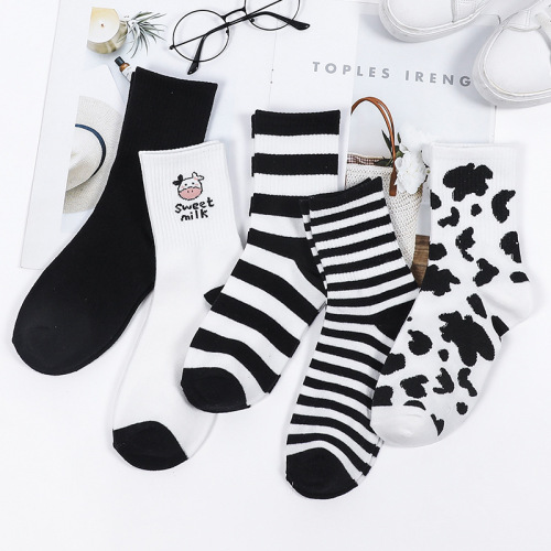 socks women‘s autumn and winter mid-calf women‘s socks winter ins trend black and white cute cow spot all-match stockings stripes