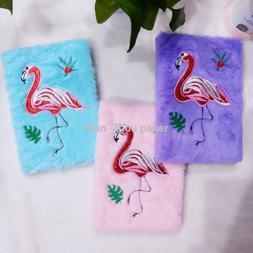 factory direct exquisite embroidered flamingo small rabbit fur plush notebook cute hand book notepad diary