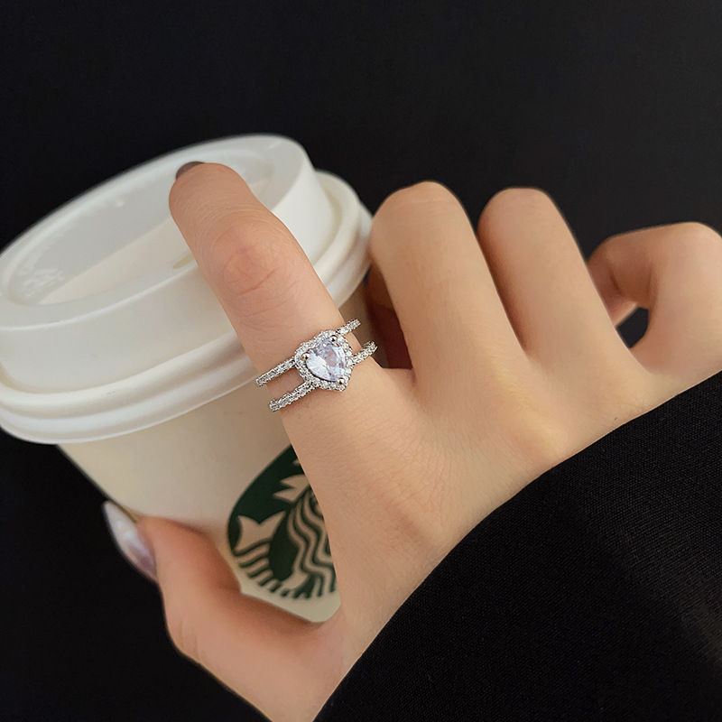 INS Popular Net Red Same Style Unique Design Loving Heart Zircon Ring Female Super Shiny Simple Temp