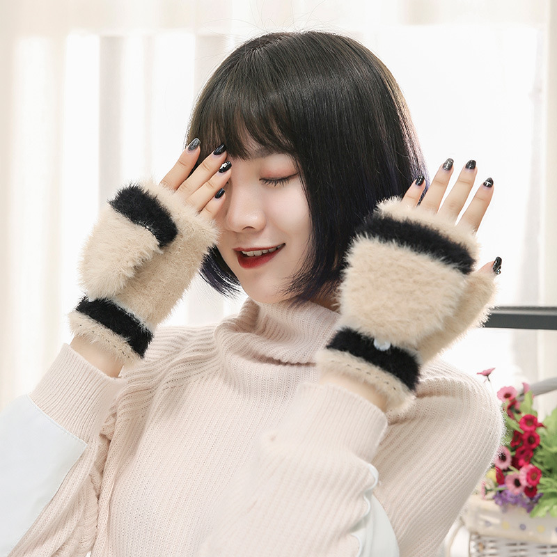 2021 New Flip Gloves Autumn And Winter Korean Style Color Matching Mink Fur Thickened Half Finger To