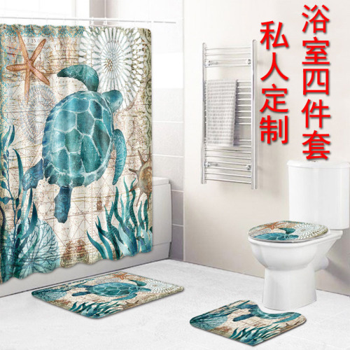 xincheng picture customized digital printing bathroom waterproof shower curtain non-slip floor mat bath curtain four-piece set hydrophilic pad