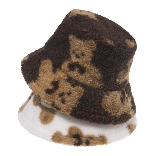 2021 Bear Printed Lamb Wool Bucket Hat Female Cute Autumn and Winter Windproof Travel Warm Animal Bucket Hat Student