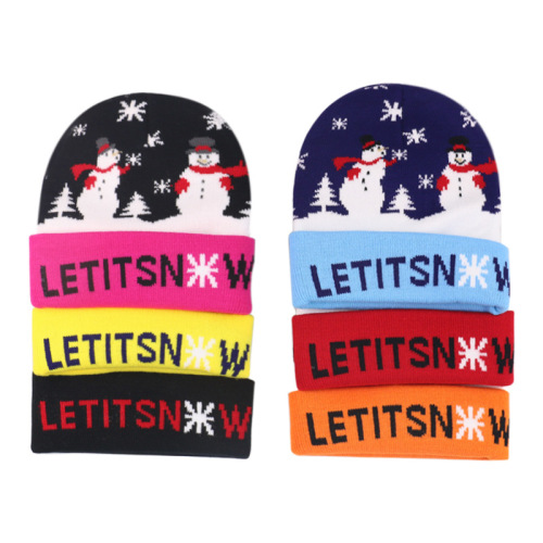 foreign trade european and american christmas snowman knitted jacquard hat children‘s autumn and winter warm pullover hat let it snow cap