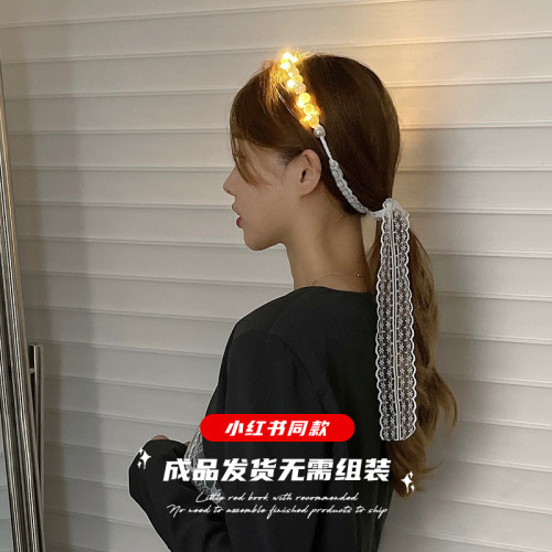 Internet Celebrity Same Korean Pearl Lace Bow Headband luminous Night Market Adult Female Hair Accessories Stall Wholesale Jewelry