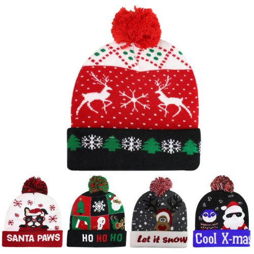 021 Cross-Border New Detachable Battery Style Colorful Luminous Knitted Hat Christmas elderly LED Light Christmas Hat 