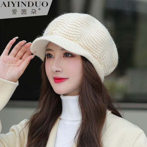 Autumn and Winter New rabbit Fur Knitted Hat Women‘s Korean-Style Eight-Piece Beret Double-Layer Ear Protection Fleece-Lined Middle-Aged and Elderly Mother Hat