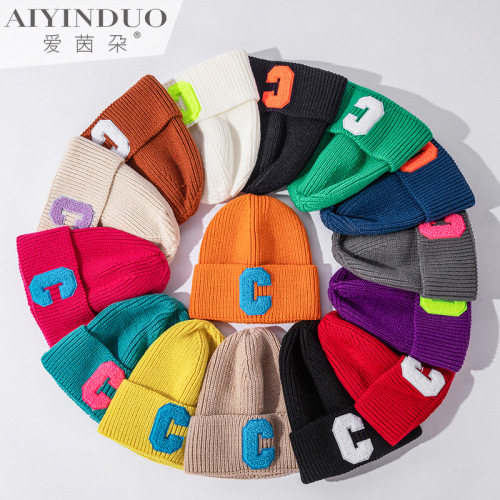 women‘s hat ins korean-style popular c- letter solid color wool hat trendy casual all-match warm knitted hat