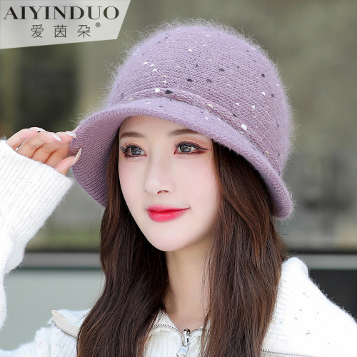 Rabbit Fur Knitted Hat Female Winter Fleece-Lined Thickened Earflaps Warm Mom Style Hat All-Match Casual Middle-Aged and Elderly Fisherman Basin Hat